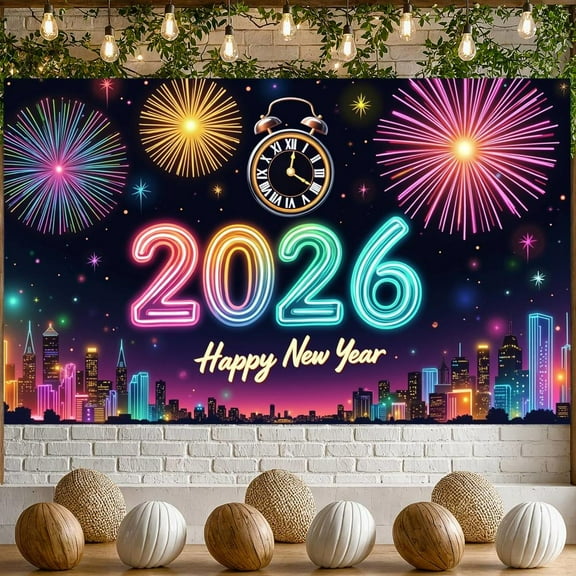 Colorful New Year 2026 Banner with Fireworks for Celebration Event City Skyline