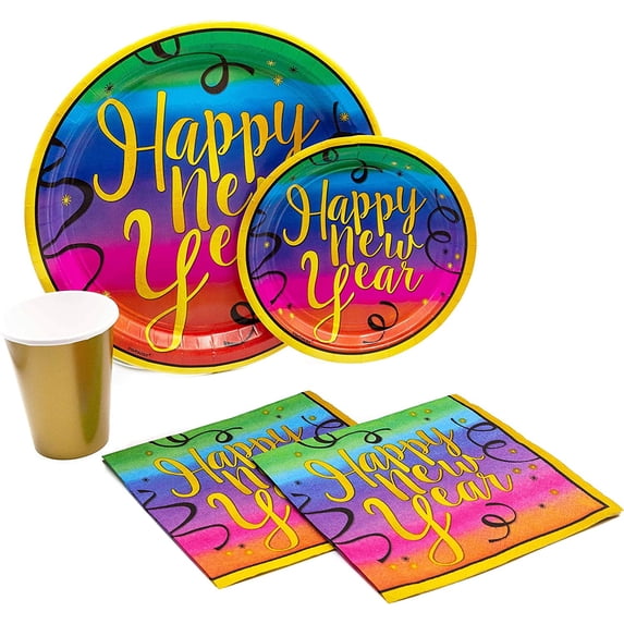 Colorful New Year Pack! Disposable Paper Plates, Napkins and Cups Set for 17 (With free extras)