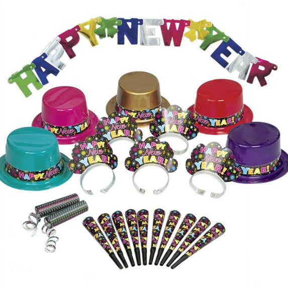 Colorful New Years Eve Party Supplies Kit for 10 Guests, 57 pcs