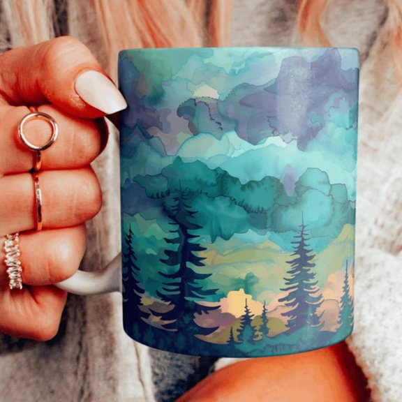Colorful Night Sky Ceramic Mug, Watercolor Painting est Sky Coffee Cup, Northern Ligh Teacup, Aurora Borealis Mug, Choose Your Design.