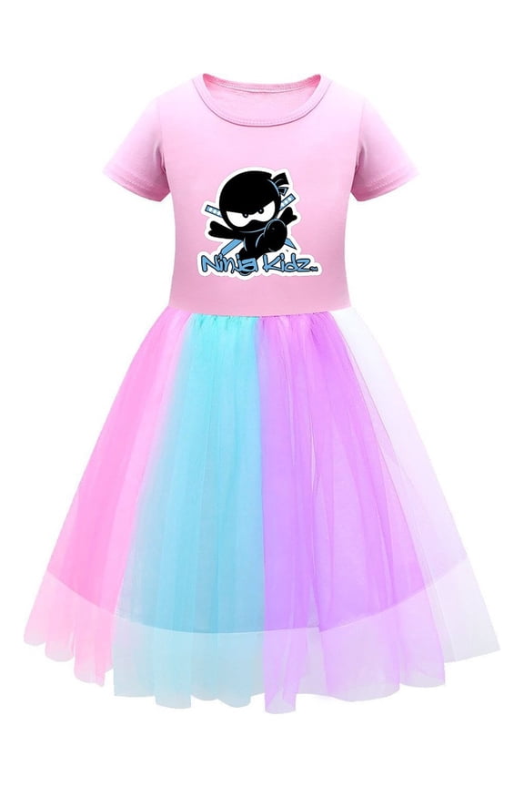 Colorful Ninja Kidz Party Dress – Girls Bright Tulle and Short Sleeves – Soft Cartoon Print Outfit for Summer and Dress-Up Fun