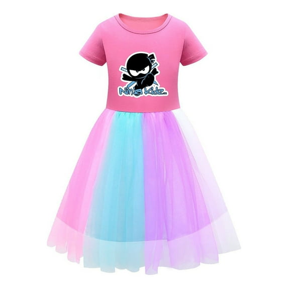 Colorful Ninja Kidz Party Dress – Girls Bright Tulle and Short Sleeves – Soft Cartoon Print Outfit for Summer and Dress-Up Fun