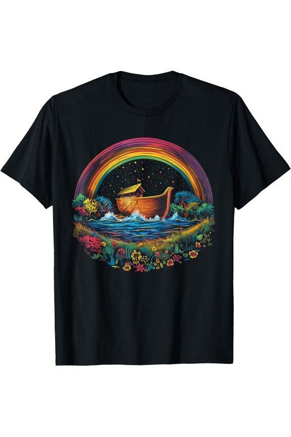Colorful Noah's Ark Rainbow Graphic T-Shirt for Vibrant Christian Expression