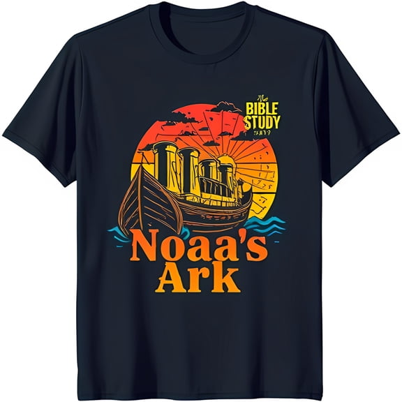 Colorful Noah's Ark Sunset Design T-Shirt Bible Study Party Tee in Black