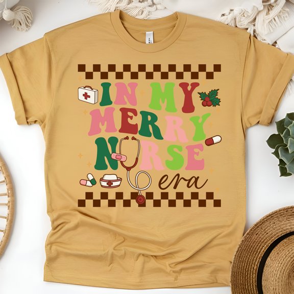 Colorful Nurse Era Graphic T-Shirt for Men and Women, Unisex Casual Tee, Gold, Size M