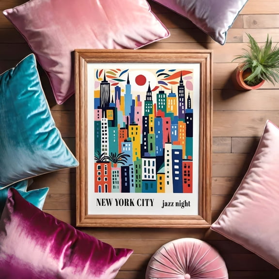 Colorful Nyc Skyline Art Modern Jazz Night Poster, Unframed Paper Poster 8x10in