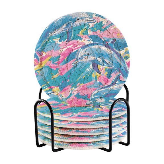 Colorful Ocean Dolphins Drinking Coasters Cup Mat with Holder for Kitchen Cafe Bar 6 Packs