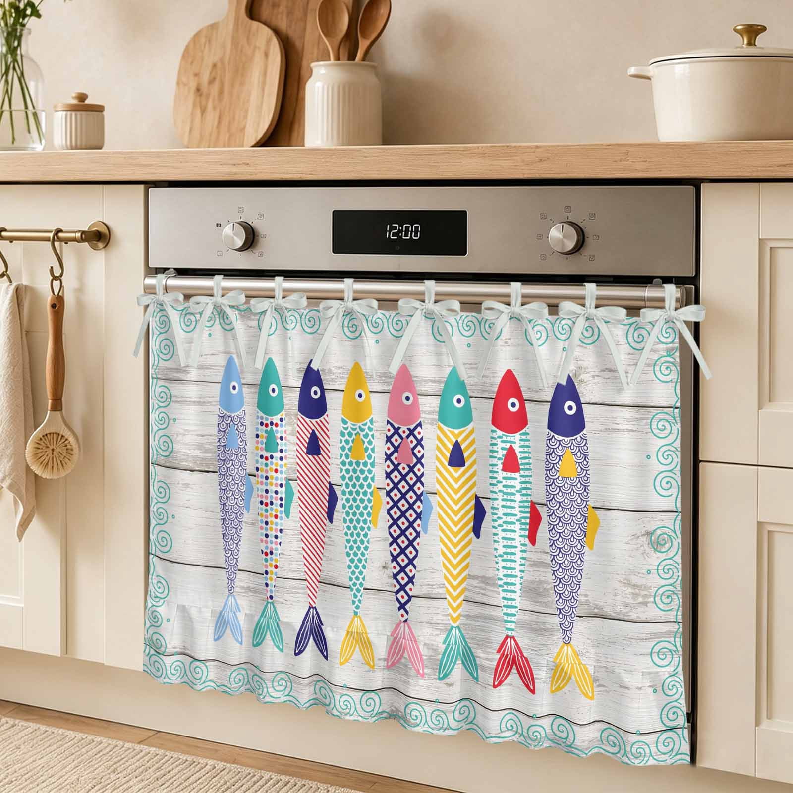 Colorful Ocean Fish Oven Skirt Curtain Tie Top Coastal Sea Green Blue ...