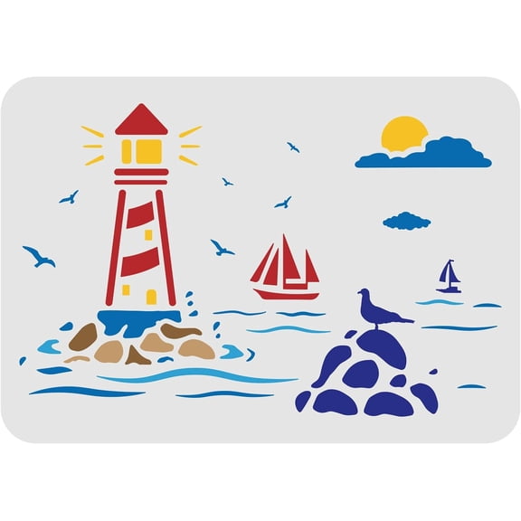Colorful Ocean Lighthouse Painting Stencil in Large Sizes 11.6x8.3 inch Plastic Stencils Decoration Reusable Stencils for DIY Gifts DIY Shirts DIY Handmade Wall Painting