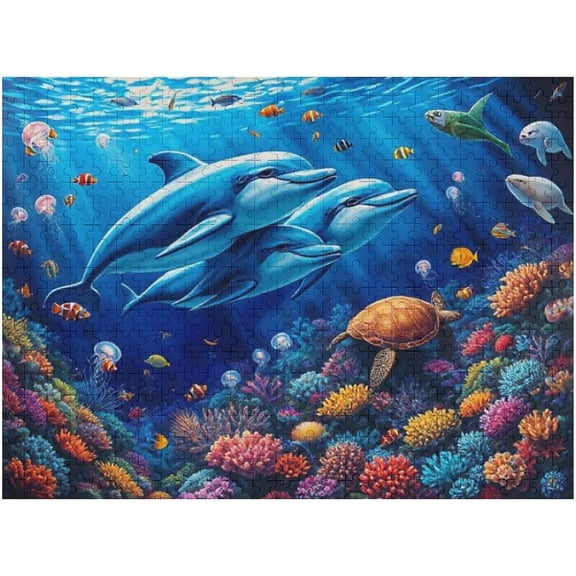 Colorful Ocean Puzzles for Adults, 500-Piece Jigsaw Puzzle with Dolphins, Sea Turtles, Fish & Coral Educational Creative Kit for Friends Underwater Animal Puzzle Game Finished Size 20.5x15 in