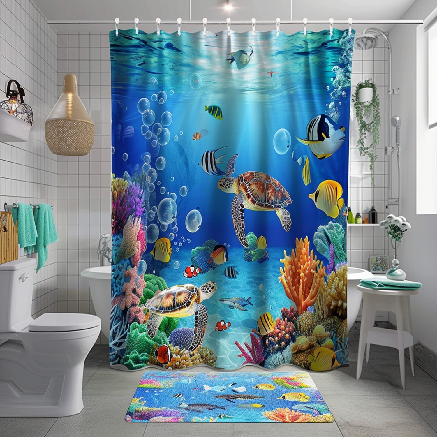 Colorful Ocean Scene Shower Curtain Underwater World Design Bathroom