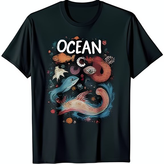 Colorful Ocean Sea Creatures Graphic Black T-Shirt for Ocean Lovers
