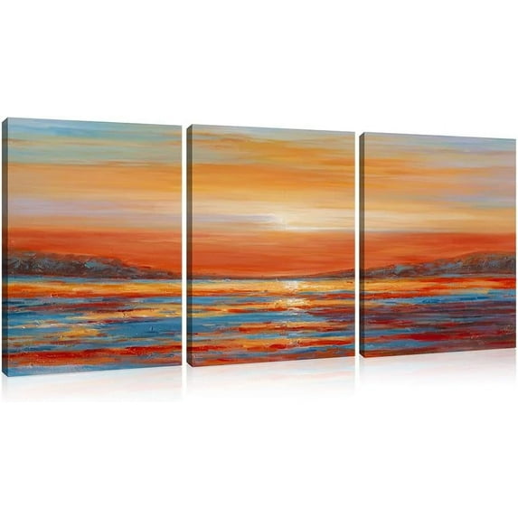 Colorful Ocean Sunset Abstract Beach Wall Art for Living Room Orange Red Warm Sunrise Artwork Bathroom Wall Decor Large Beach Posters Picture Over The Bed 12"x16"x3 Panels