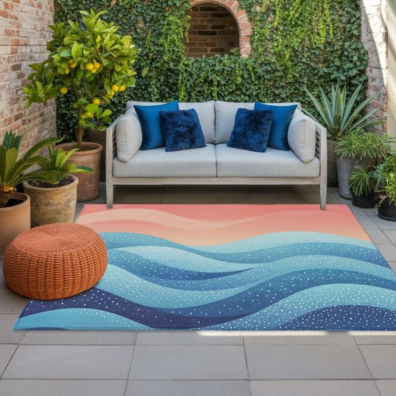 Colorful Ocean Sunset Indoor Outdoor Rugs 3x5 Ft, Coastal Gradient Ocean Waves Sunset Outdoor Patio Rugs Mat Washable Outside Area Rugs Carpet for Porch Deck RV Camping Pool Balcony Backyard