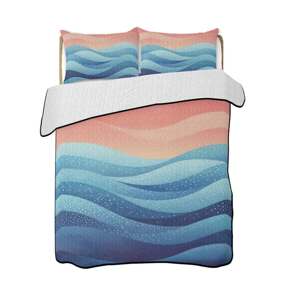 Colorful Ocean Sunset Quilts Bedding Set Twin Size Coastal Gradient Ocean Waves Sunset Lightweight Quilted Bedspread 3 Piece Bed Quilt with 2 Pillow Shams All Season for Bedroom 68" x 86"