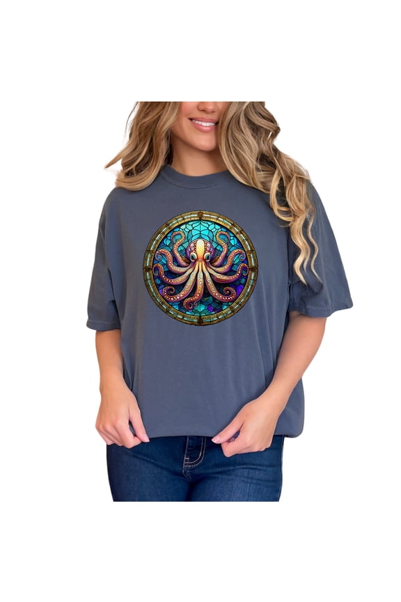 Colorful Octopus Art T-Shirt, Unique Sea Life Design Tee, Ocean Lover Gift, Vivid Marine Animal Print, Aqua Themed T-Shirt, Cool Nautical, Denim Comfort Colors T-Shirt, Small