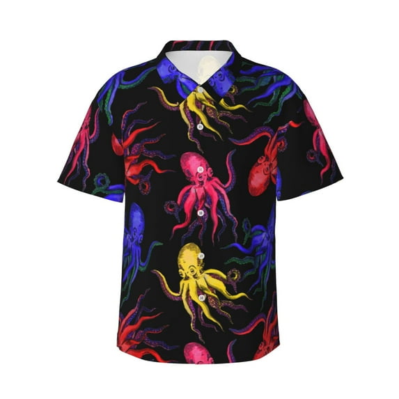 Colorful Octopus Hawaiian Shirts For Men, Summer Short-Sleeve Relaxed-Fit Button-Down Shirts Large