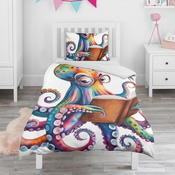 Colorful Octopus Reading Book Duvet Cover and Pillowcase Set for Single Bedding, Bedroom Accessories for Kids Teens