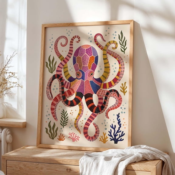 Colorful Octopus Wall Art Print, Whimsical Coastal Ocean Poster, Sea Life Nursery Decor, Poster Only