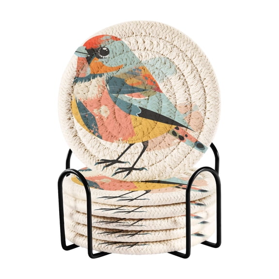 Colorful Of Birds 6 Pcs Drink Coasters with Holder Absorbent Coasters Woven Coasters for Drinks Table Desk Protection Home Decor