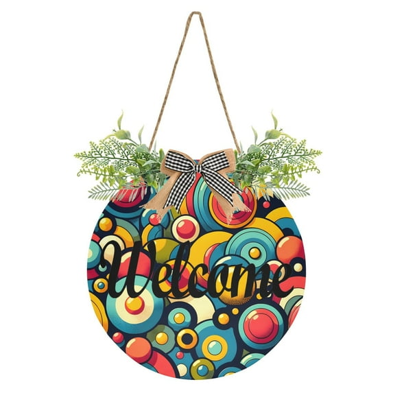 Colorful Of Circles Welcome Sign for Front Door Wreath Door Sign for Farmhouse Porch Decoration Indoor Outdoor