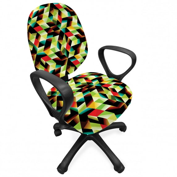 Colorful Office Chair Slipcover, Polygonal Pattern with Triangle Shapes Futuristic Inspirations Repetitive Simple, Protective Stretch Decorative Fabric Cover, Standard Size, Multicolor, by Ambesonne