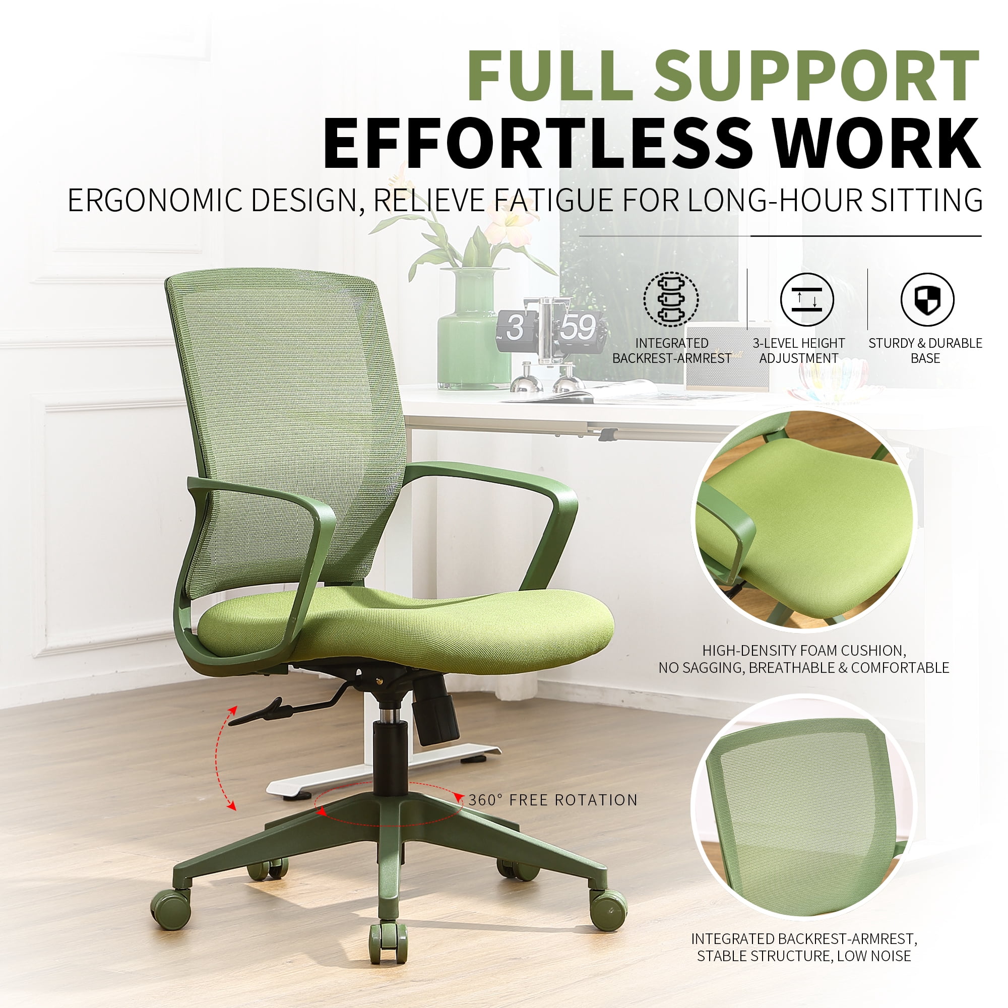 Colorful Office Task Chair 350LBS, Home Office, Mesh Back,Comfortable Sitting, Fixed Armrest, Swivel, Height Adjustable Chair (Green)