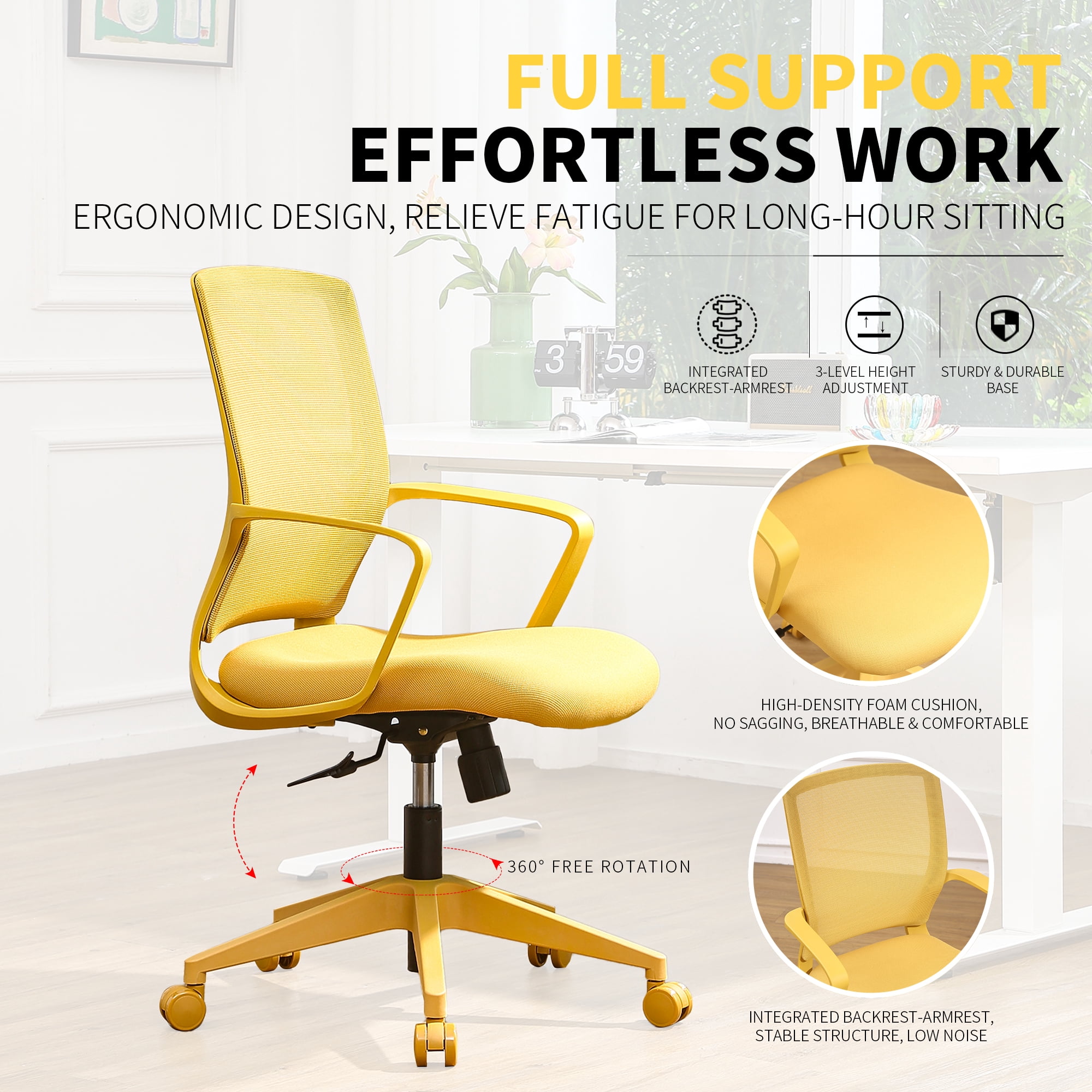 Colorful Office Task Chair 350LBS, Home Office, Mesh Back,Comfortable Sitting, Fixed Armrest, Swivel, Height Adjustable Chair (Yellow)