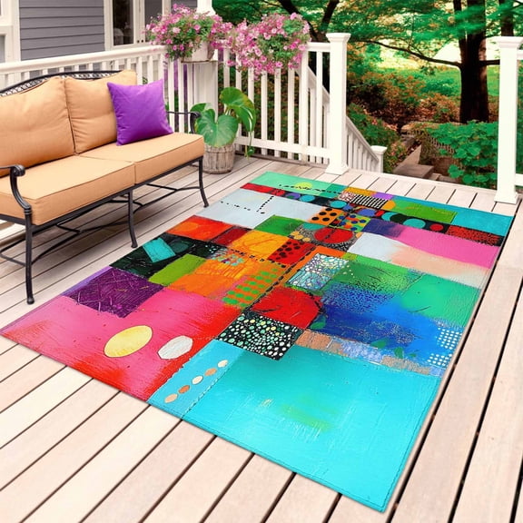 Colorful Oil Painted Outdoor Rug for Patio/Deck/Porch, Non-Slip Large Area Rug 3 x 5 Ft, Modern Abstract Art Vintage Indoor Outdoor Rugs Washable Area Rugs, Reversible Camping Rug Carpet Runner