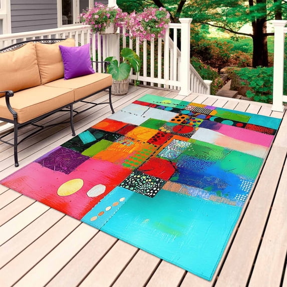 Colorful Oil Painted Outdoor Rug for Patio/Deck/Porch, Non-Slip Large Area Rug 5 x 8 Ft, Modern Abstract Art Vintage Indoor Outdoor Rugs Washable Area Rugs, Reversible Camping Rug Carpet Runner