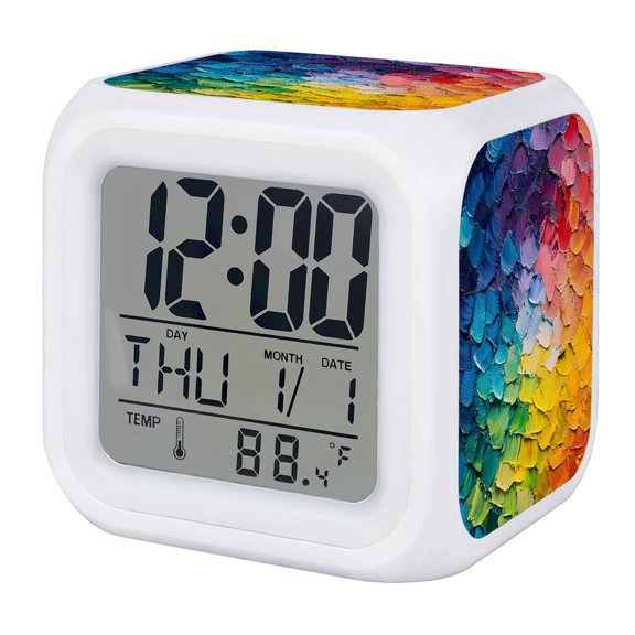 Colorful Oil Painting Digital Alarm Clock for Bedrooms,Smart LED Alarm Clock with 7 Color Changing Night Light,Brushstrokes Abstract Art Modern Silent Wake Up Clocks for Sleep Study Cooking 3.2"x3.2"