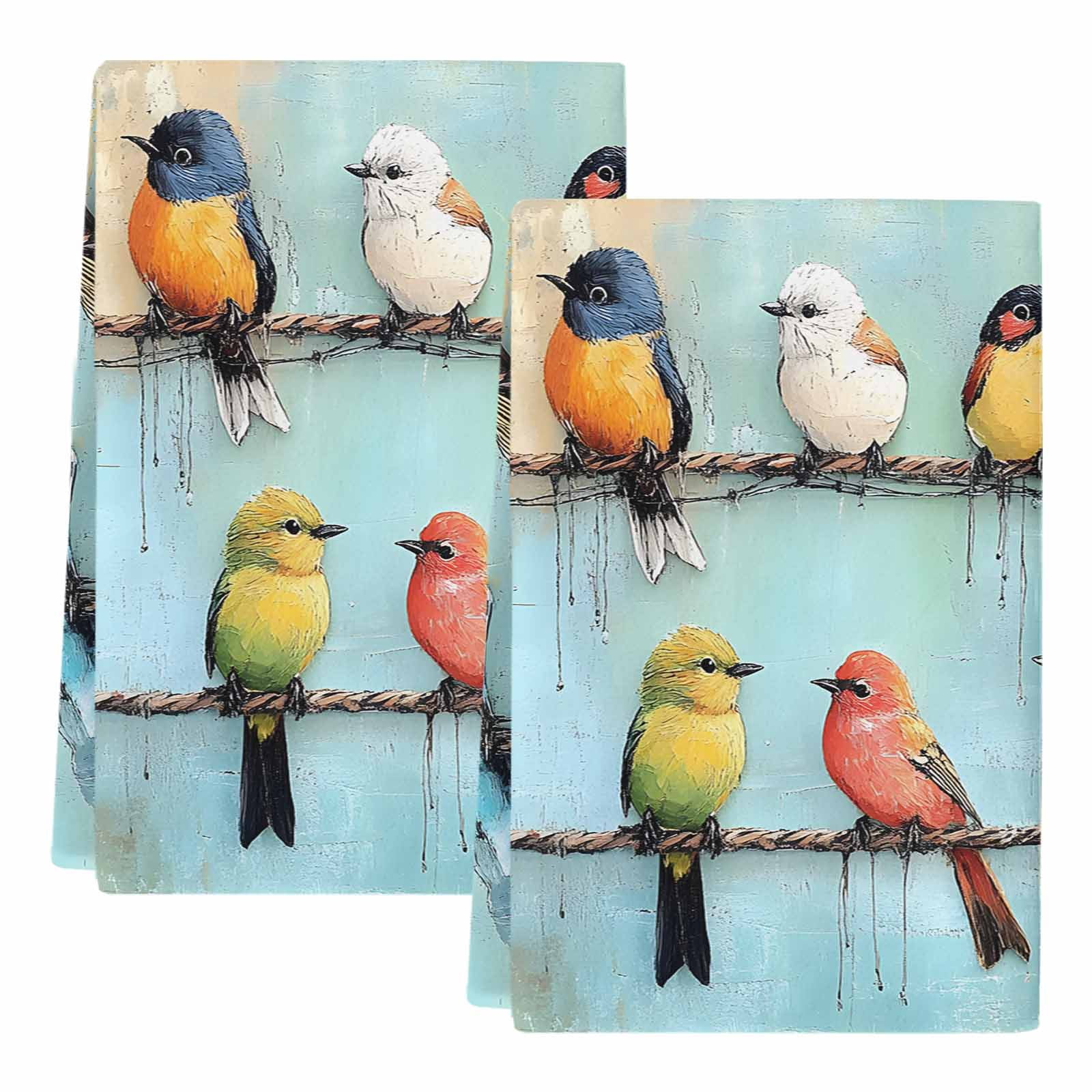 Colorful Oil Painting Kitchen Towels Set of 2, Vintage Spring Birds Animals Soft Microfiber Dish Towels, Absorbent Quick-Dry Washable Dishcloths for Kitchen Cleaning, Drying Dishes, 18x28 Inches