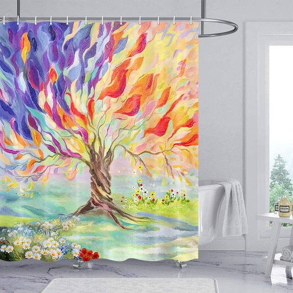 Colorful Oil Painting Tree Shower Curtain, 4 Seasons Theme Flowers and Tree Bath Curtain for Bathroom, Fabric Spring Blooming Branches Watercolor Tree Decor Curtain with Hooks 70x72 in