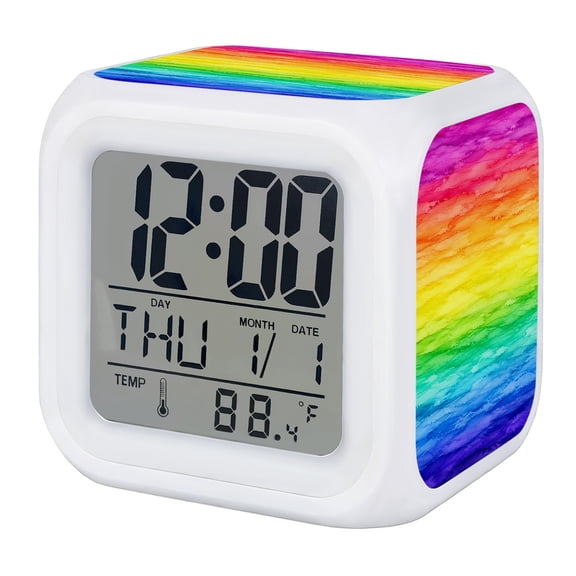 Colorful Ombre Digital Alarm Clock for Bedrooms, Smart LED Alarm Clock with 7 Color Changing Night Light, Classic Rainbow Gradient Abstract Art Silent Wake Up Clocks for Sleep Study Cooking 3.2"x3.2"