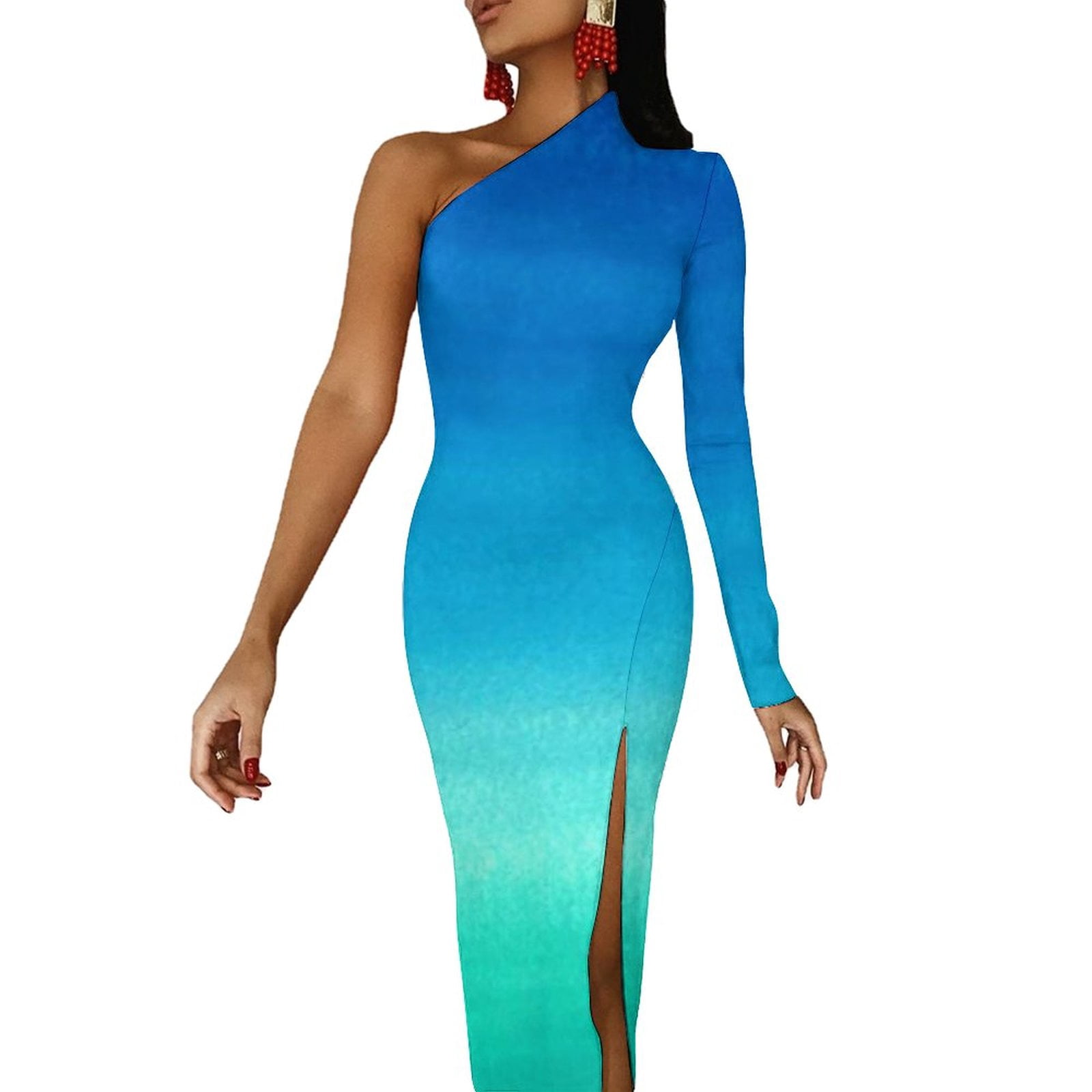 Women's Ombre Blue Bodycon Maxi Dress with Back Slit