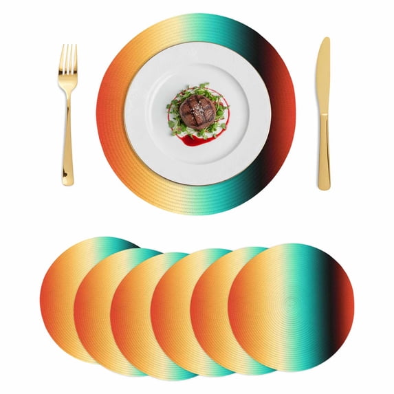 Colorful Ombre Round 13 Inch Placemats Set of 6, Abstract Modern Art Aesthetics HeatResistant Non Slip Place Mats for Dining Table, Wipeable Braided Kitchen Table Mats for Housewarming