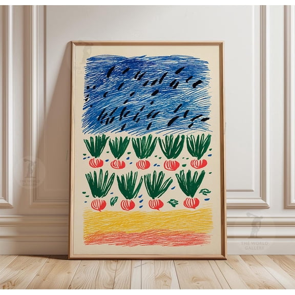Colorful Onion Field Folk Art Paper Poster Vegetable Garden Decor, Unframed Poster