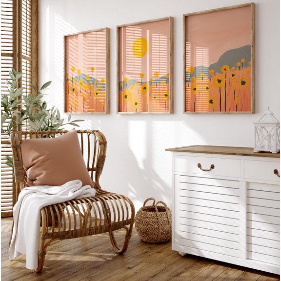 Colorful Orange Flowers Wall Art Vibrant Pastel Floral Print Bright Landscape Scenery Set 3 Unframed Paper Print 20x30