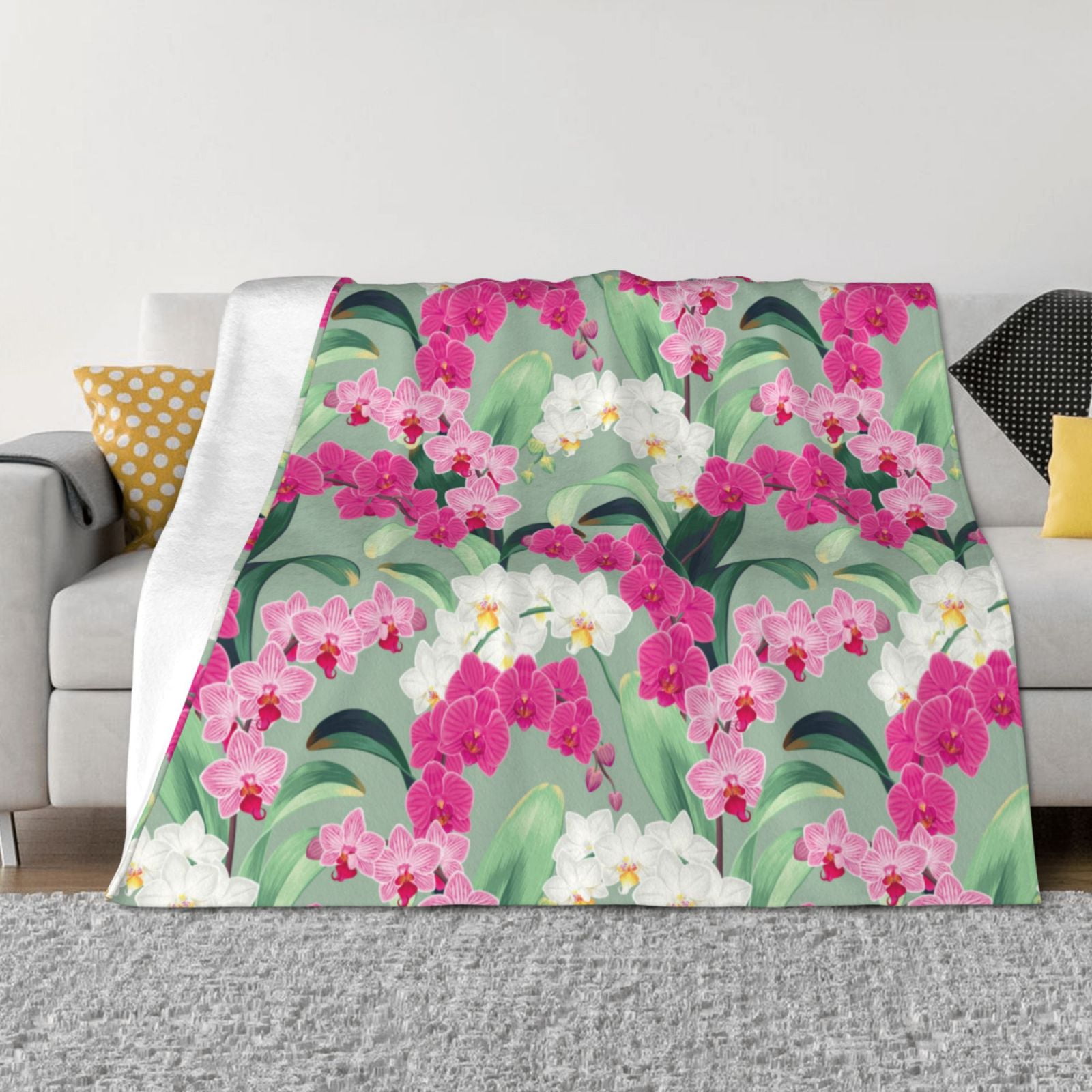 Colorful Orchids Flowers Throw Blanket for Couch, Soft Fuzzy Comfy Warm