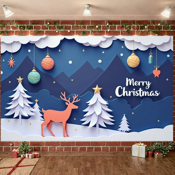 Colorful Ornament Christmas Banner 3D Paper Art Xmas Display Reindeer Design Snowy Mountain Holiday Backdrop for Christmas Party Indoor Decoration Family Reunion