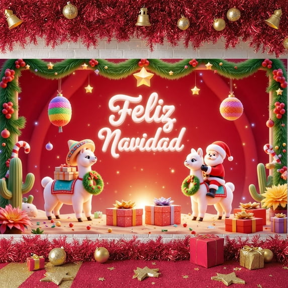 Colorful Ornaments Christmas Banner Golden Stars Holiday Display Gift Boxes Cactus Decor Navidad Backdrop for Christmas Party Indoor Celebration Xmas Gathering