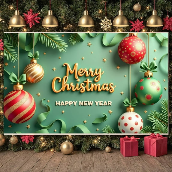 Colorful Ornaments Christmas Banner Golden Stars New Year Display Green Ribbons Festive Holiday Backdrop for Christmas Party New Year Eve Indoor Celebration