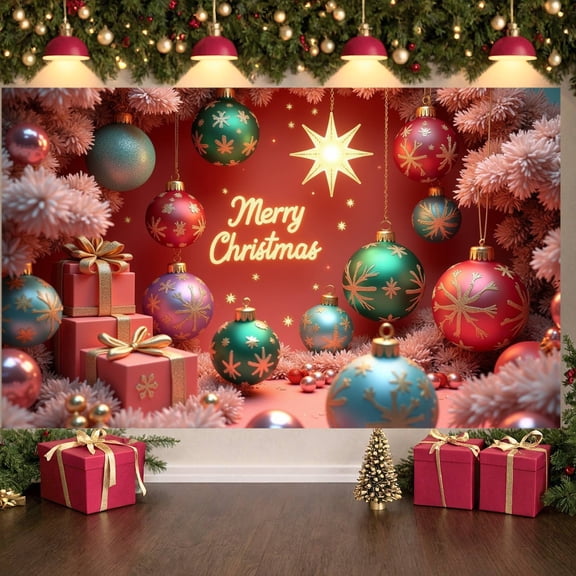 Colorful Ornaments Merry Christmas Banner Snowflake Pattern Christmas Display Red Background Golden Accents Xmas Backdrop for Christmas Party Home Decoration Family Reunion