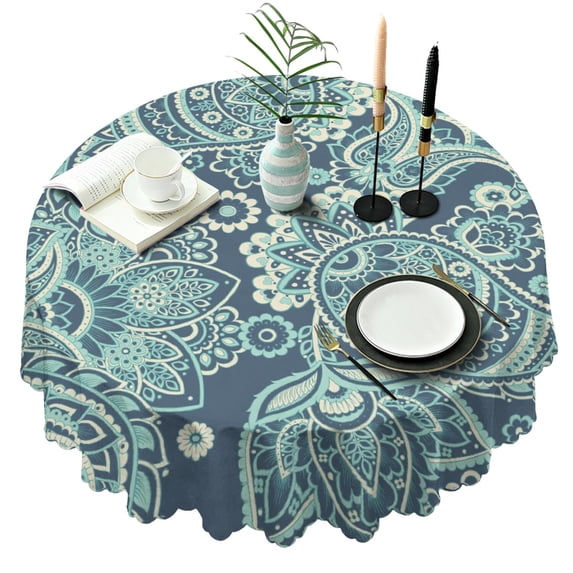 Colorful Ornate Paisley Round Tablecloth 60 Inch Table Cover for Party Dining Patio Stain Resistant Durable Fabric