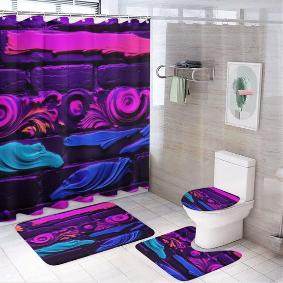 Colorful Ornate Wall Pattern Shower Curtain Sets Non-Slip Rugs Bath Mat Toilet Cover U Shaped Mat 4 Pcs