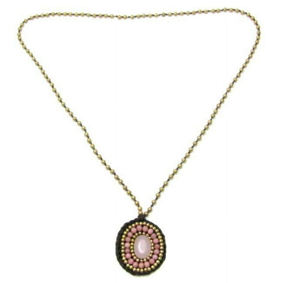Colorful Oval Pink Quartz Stone w/ Brass Beads Medallion Necklace