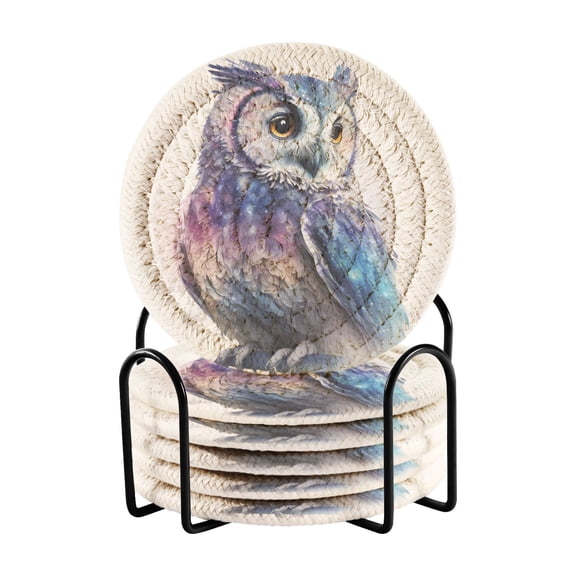Colorful Owl 6 Pcs Drink Coasters with Holder Absorbent Coasters Woven Coasters for Drinks Table Desk Protection Home Decor