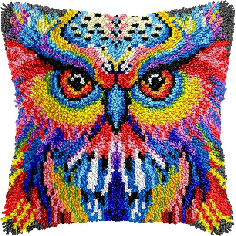 Colorful Owl Bird Latch Hook Pillow Kits for DIY Throw Pillow Cushion Embroidery Latch Hooking Pillowcase Kits with Preprinted Canvas Crochet Yarn Kits for Home Decor 17''X 17''(d146)