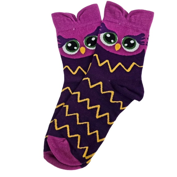Colorful Owl Crew Socks (Adult Medium - Women's Shoe Sizes 5-10) Color: Purple