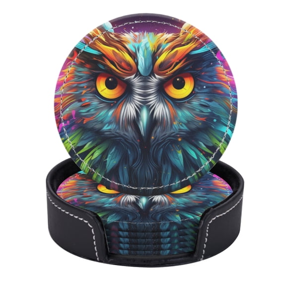 PU Leather Coasters for Drinks Bar Beer,Set of 6 with Holder,Round Housewarming Gift,Colorful Owl Face With Glowing Eyes On Dark Background